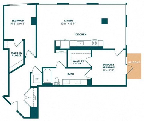 Floor plan for 2 beds, 1 bath, 1212 sqft